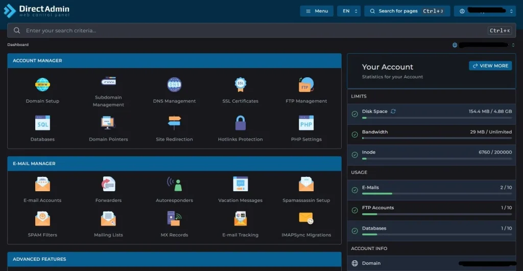 Direct Admin control panel