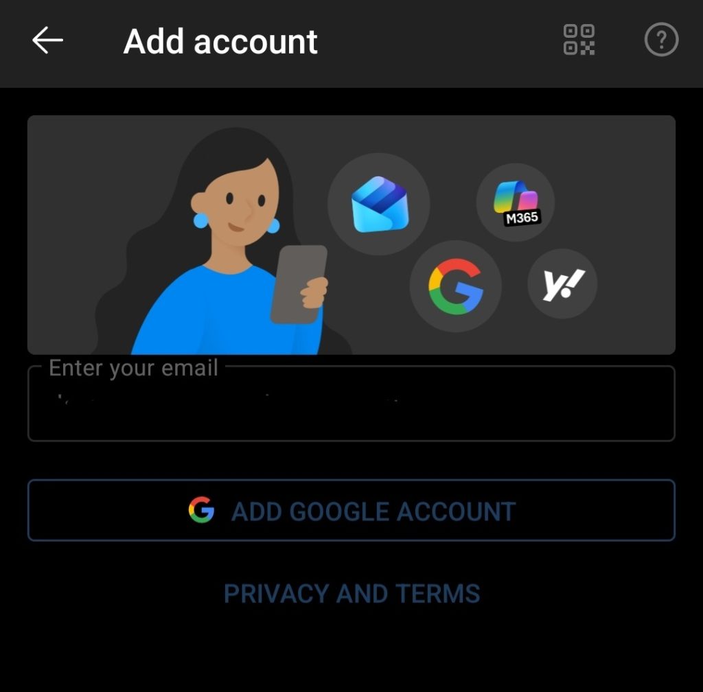 adding account in outlook mobile