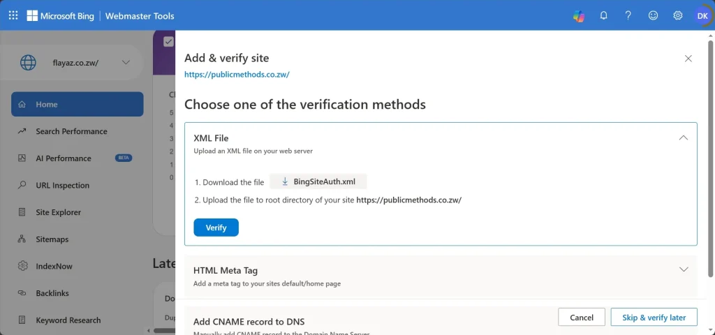 Bing website property verification